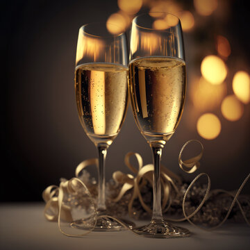 New Year's celebration with two glasses of champagne and garland