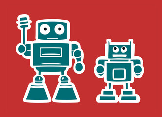 Fototapeta premium A cute funny duo of robot (one taller, one shorter), looking at the viewer. Retro illustration. 