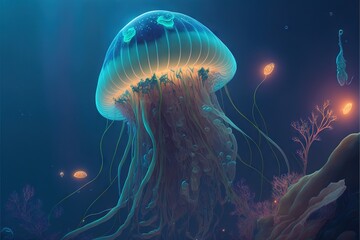 a jellyfish in the ocean with a lot of bubbles and algaes around it's head and body.