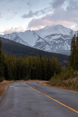 A curve in the road in the mountains.