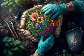 a painting of a person holding a bouquet of flowers in their hands and gardening tools nearby on a table.