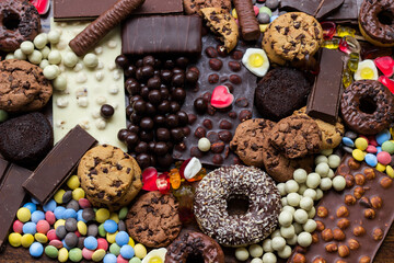 Candies, jelly, chocolates, biscuits and doughnuts