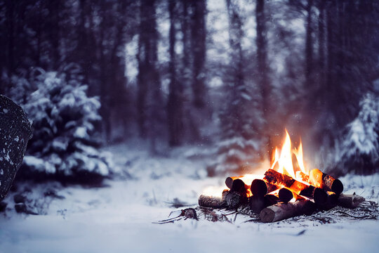 Campfire in the winter forest. Beautiful landscape of nature and trees. Sparks and flames. Rest by the fire. Camping in the woods. Burning firewood. Evening bonfire. Rain and snow in the forest.  