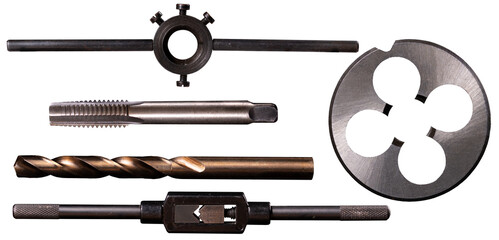 Die, tap and drill for manual threading in metal on an isolated background.