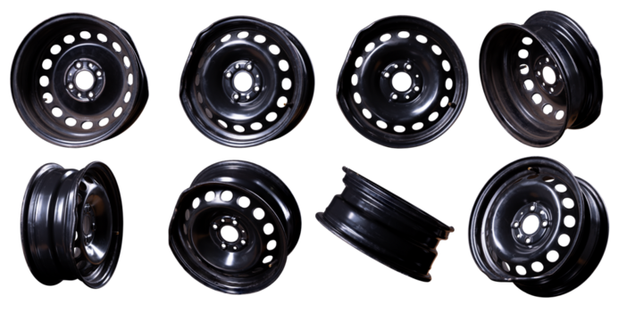 Black bent steel rim for a passenger car on an isolated background.