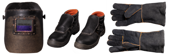 Protective clothing for the welder. Shield, gloves and shoes for people doing welding work on an isolated background.