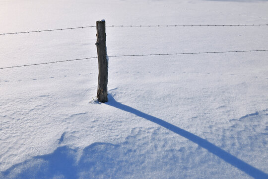 Pasture Fence in Winter, Wustensachsen, Rhon Mountains, Hesse, Germany