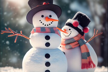 Snowman Snowmen Christmas Coal Eyes Carrot Nose Hat Scarf Winter Illustrated Snowy Snow Background Image