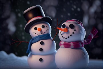 Snowman Snowmen Christmas Coal Eyes Carrot Nose Hat Scarf Winter Illustrated Snowy Snow Background Image