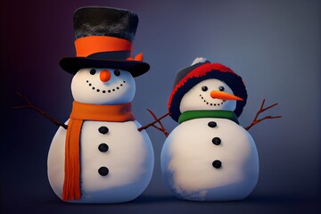 Snowman Snowmen Christmas Coal Eyes Carrot Nose Hat Scarf Winter Illustrated Snowy Snow Background Image