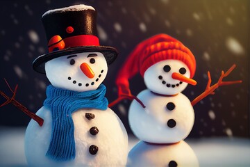 Snowman Snowmen Christmas Coal Eyes Carrot Nose Hat Scarf Winter Illustrated Snowy Snow Background Image
