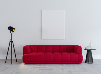 Modern bright interior, red couch, lamp, table, canvas. 3d render, canvas mockup