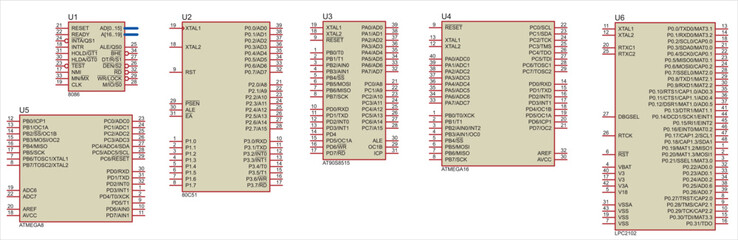 Conditional graphic designations of microcontroller chips. Vector icons of electronic components of an electrical circuit.