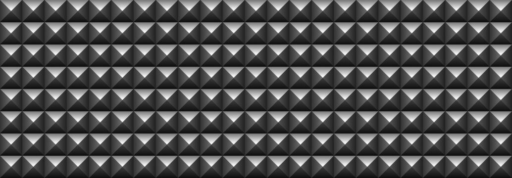 Black soundproofing wall texture. Gray sound proof foam pyramid seamless pattern. Music studio dark background. Realistic blogger podcast room interior. Soft foam tile for radio station. Record panel