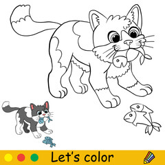 Cute cat eats a fish coloring with template