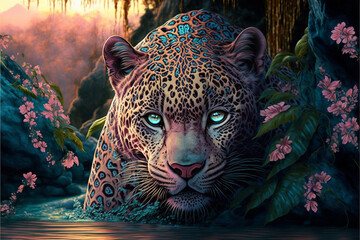 Mystical pink fantasy jaguar with blue eyes in tropical jungle