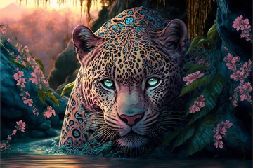 Foto op Plexiglas Mystical pink fantasy jaguar with blue eyes in tropical jungle © Metamorphascend