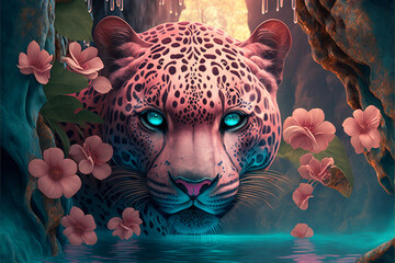 Mystical pink fantasy jaguar with blue eyes in tropical jungle
