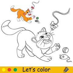 Cute cat playing with a toys coloring with template