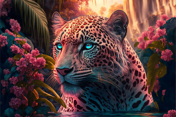 Mystical pink fantasy jaguar with blue eyes in tropical jungle