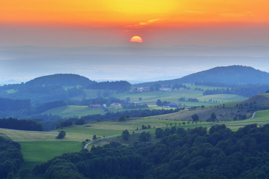 Low Mountain Landscape at Sunset with view from Abtsrodaer Kuppe, Wasserkuppe, Poppenhausen, Rhon Mountain Range, Hesse, Germany