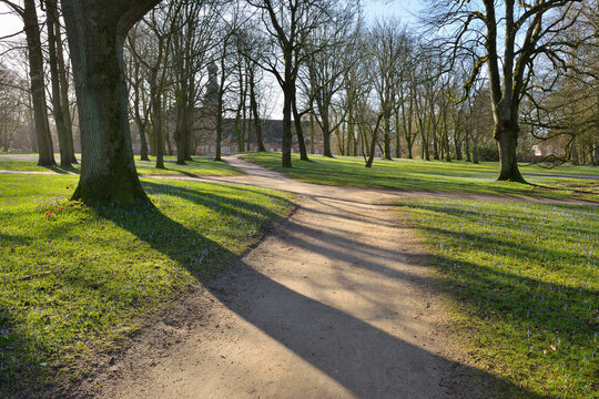 Path through Park in Spring, Husum Schlosspark, Schleswig-Holstein, Germany