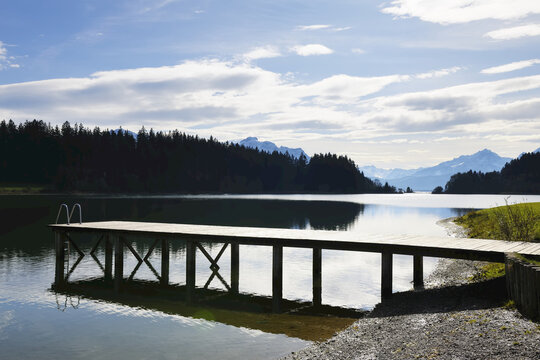 Wooden Jetty in Lake, Illasbergsee, Halblech, Bavaria, Germany