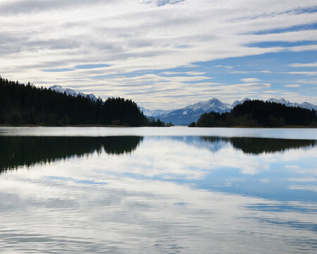 Lake with Mountain Range, Illasbergsee, Halblech, Bavaria, Germany