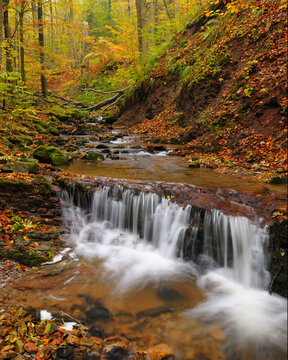 Cascade of Creek in Autumn, Kaskadenschucht, Sandberg, Gersfeld, Rhon Mountain Range, Hesse, Germany