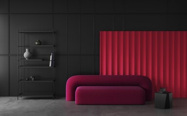 Modern living room with viva magenta paneling on the wall, ruby color sofa, black decorative wall with embossed panels. Open metal shelf for decor. 2023 colour wall.Empty wall blank for art. 3d render