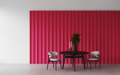 Dining room with viva magenta paneling on the wall, round dining table, chairs, a bouquet on the table. Decorative wall with embossed panels.2023 pantone colour wall.Empty wall blank for art.3d render