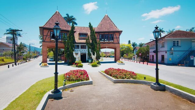 Town of Pomerode in Brazil. Main gate of Brazilian town of Pomerode during sunny day