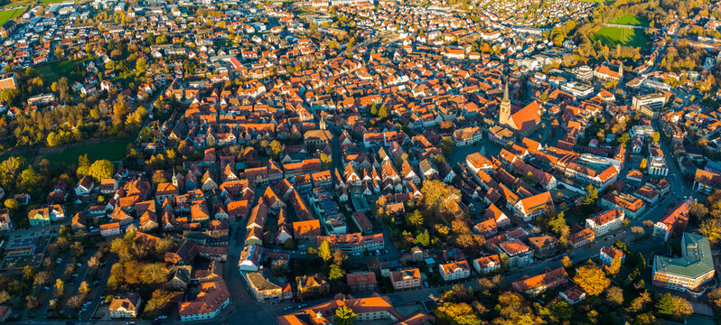 Aerial view around the city Schwabach in Germany in Bavaria on a sunny afternoon in autumn.