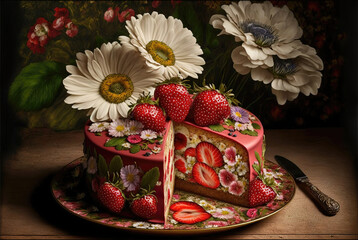 Fantasievolle Erdbeertorte mit Blumen im rosa Marzipanmantel