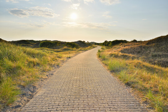 Dunes Path with Sun in Summer, Norderney, East Frisia Island, North Sea, Lower Saxony, Germany