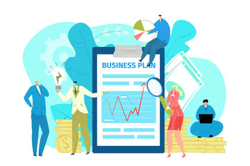 Business plan, vector illustration. Flat teamwork management, team people charcater work in office concept. Marketing project for costumer