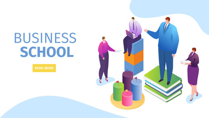 Business school, web isometry page vector illustration. People man woman character get education, flat knowledge technology.