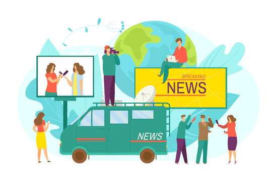 Breaking news from reporter journalist, flat tv camera vector illustration. Journalist work for press media concept, man woman character