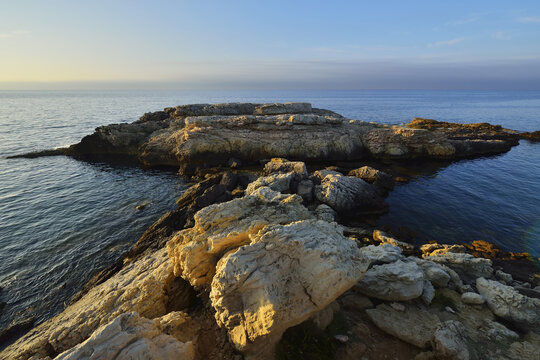 Rocky Coast at Dawn in Summer, La Couronne, Martigues, Cote Bleue, Mediterranean Sea, Bouches-du-Rhone, Provence-Alpes-Cote d'Azur, France