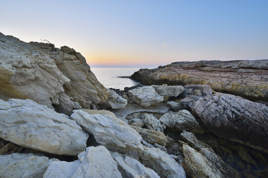 Rocky Coast at Dawn in Summer, La Couronne, Martigues, Cote Bleue, Mediterranean Sea, Bouches-du-Rhone, Provence-Alpes-Cote d'Azur, France