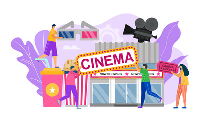Cinema with flat video film concept, vector illustration. Cartoon Entertainment media, people man woman character with popcorn design.