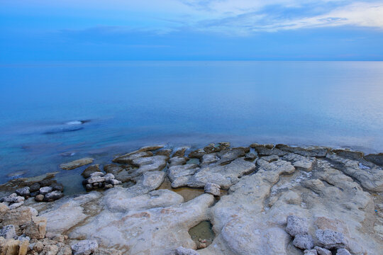 Stone Coast with Sea at Dusk, La Couronne, Martigues, Cote Bleue, Mediterranean Sea, Bouches-du-Rhone, Provence-Alpes-Cote d'Azur, France