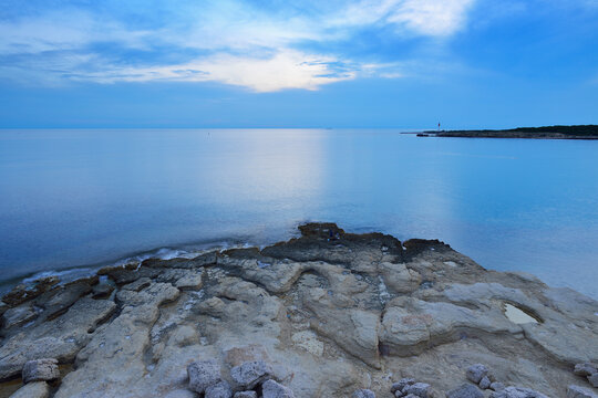 Stone Coast with Sea at Dusk, La Couronne, Martigues, Cote Bleue, Mediterranean Sea, Bouches-du-Rhone, Provence-Alpes-Cote d'Azur, France