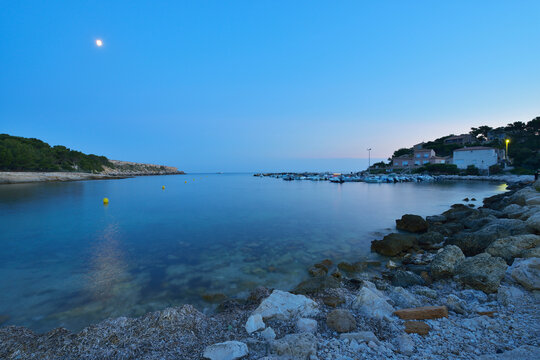 Sea Bay with Harbor at Dusk in Summer, Port des Tamaris, La Couronne, Martigues, Cote Bleue, Mediterranean Sea, Bouches-du-Rhone, Provence-Alpes-Cote d'Azur, France