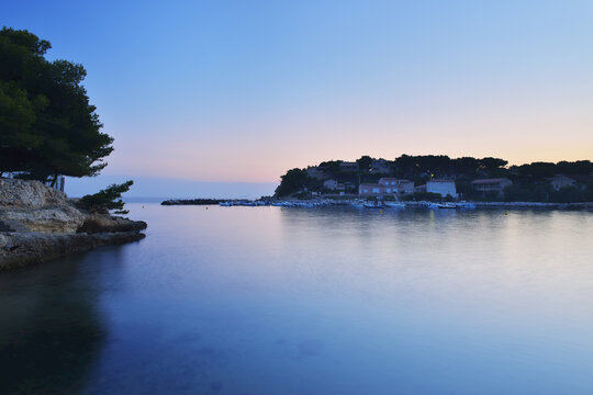 Sea Bay with Harbor at Dusk in Summer, Port des Tamaris, La Couronne, Martigues, Cote Bleue, Mediterranean Sea, Bouches-du-Rhone, Provence-Alpes-Cote d'Azur, France