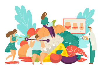 Doctor develop healthy diet, nutritionist show food meal for woman weight loss, vector illustration. Flat consultation for nutrition plan