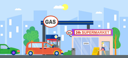 Gas station, fuel petrol for car, vector illustration. Flat service wtih gasoline, oil energy pump for transportation. Cartoon diesel refill industry