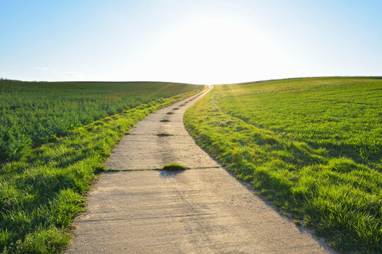 Road through Field with Sun, Helmstadt, Franconia, Bavaria, Germany