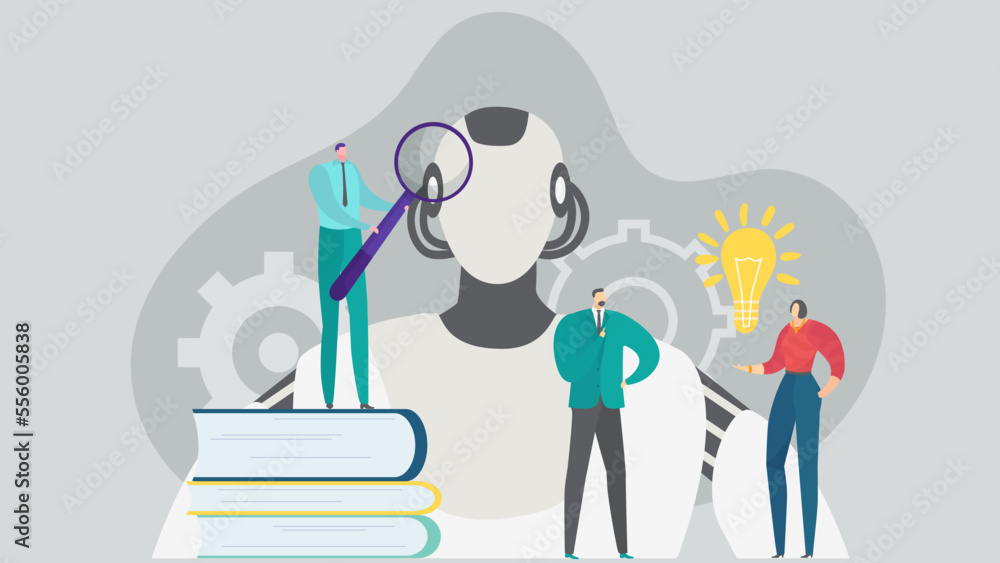 Poster robot technology, learn robotics concept vector illustration. artificial intelligence futuristic mac
