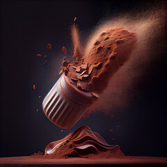 Cocoa powder, milk and pieces of chocolate, isolated on black background.